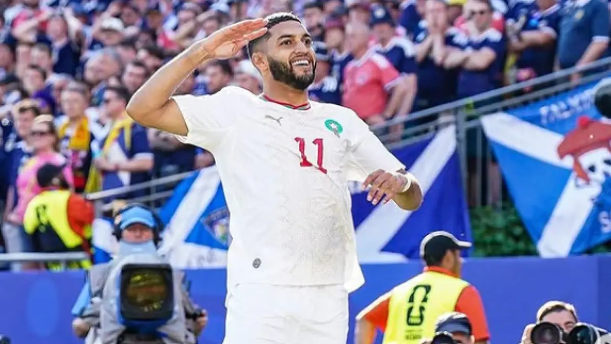 Selebrasi Ismael Saibari setelah mencetak gol kemenangan Maroko atas Skotlandia di Piala Dunia 2026 grup C pada Sabtu (20/6/2026).