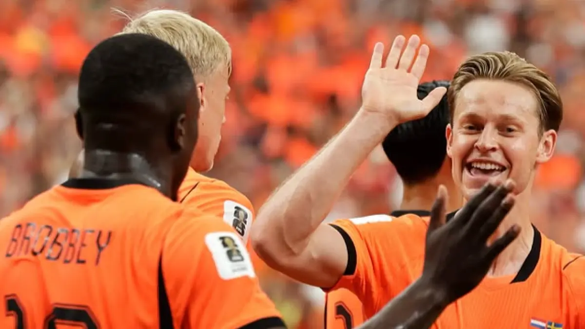 Para pemain Belanda rayakan kemenangan atas Swedia di fase grup Piala Dunia 2026 dengan skor telak 5-1 pada Minggu (21/6/2026).