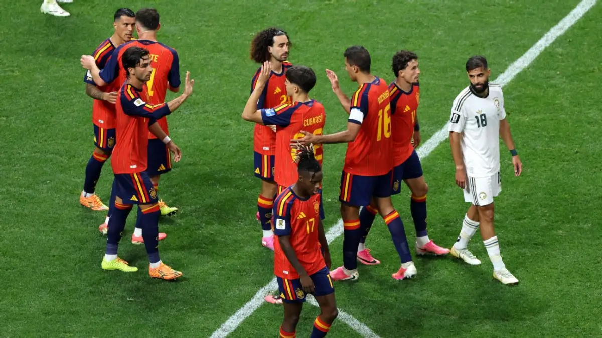 Selebrasi para pemain Spanyol dalam kemenangan atas Arab Saudi di Piala Dunia 2026 pada Minggu (21/6/2026) malam.
