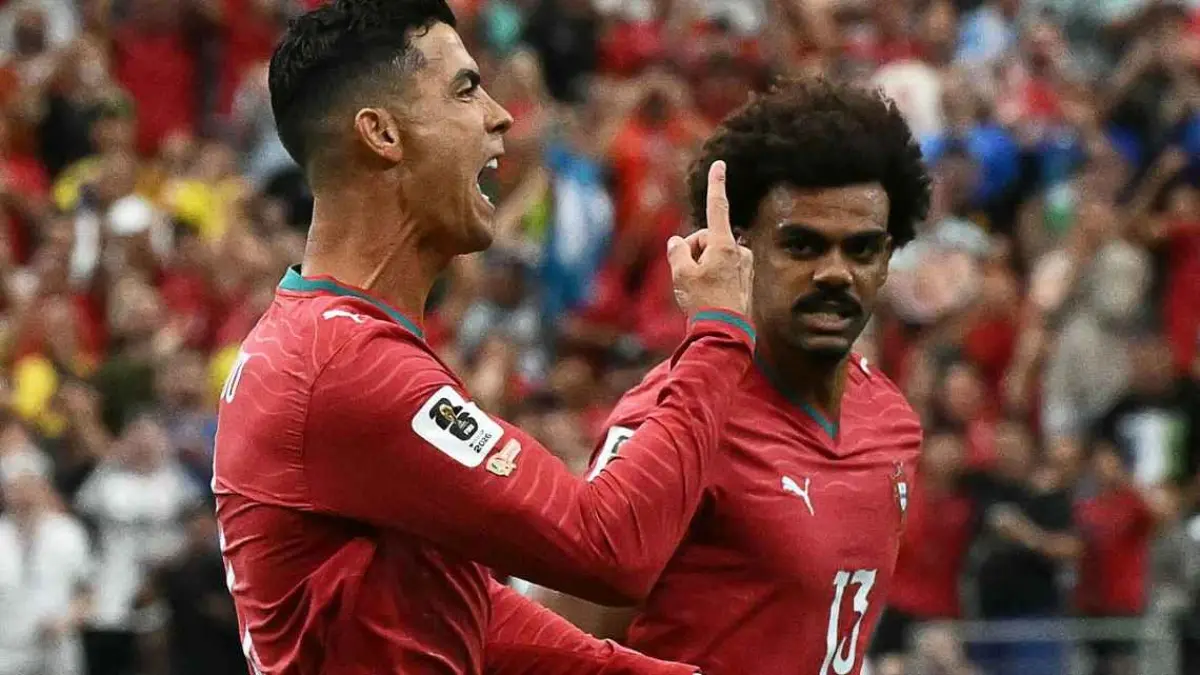 Selebrasi Cristiano Ronaldo setelah mencetak gol dalam kemenangan Portugal atas Uzbekistan dan menjadi satu-satunya pemain yang mencetak gol di enam edisi Piala Dunia pada Rabu (24/6/2026).