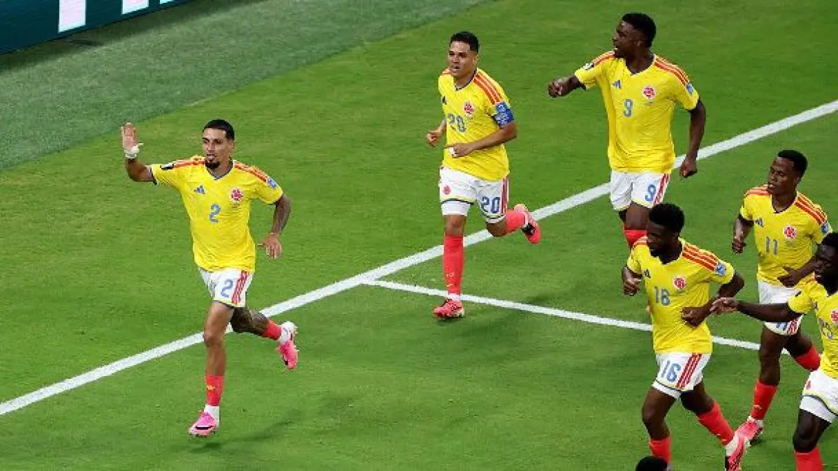 Selebrasi para pemain Kolombia rayakan gol tunggal dari Daniel Munoz dalam kemenangan atas RD Kongo pada Rabu (24/6/2026).