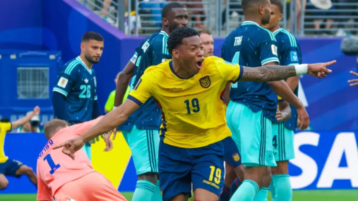 Selebrasi Gonzalo Plata setelah mencetak gol kemenangan Ekuador atas Jerman untuk memastikan tiket babak gugur sebagai peringkat tiga terbaik Piala Dunia 2026 pada Jumat (26/06/2026).