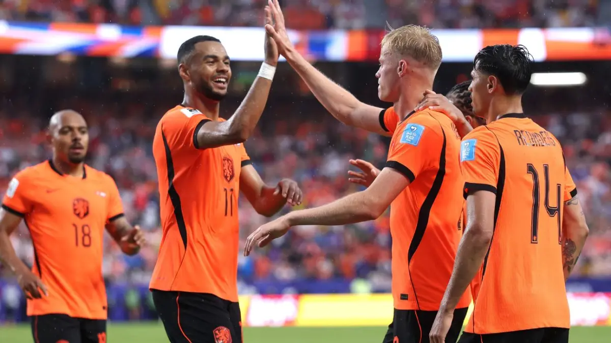 Selebrasi para pemain Belanda dalam kemenangan atas Tunisia untuk puncaki grup F Piala Dunia 2026.