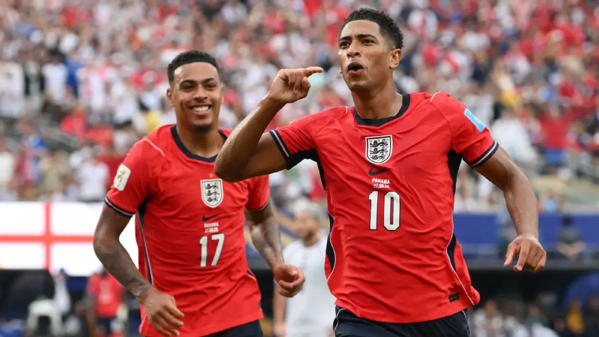 Selebrasi Jude Bellingham setelah mencetak gol dalam kemenangan Inggris atas Panama pada Minggu (28/06/2026).