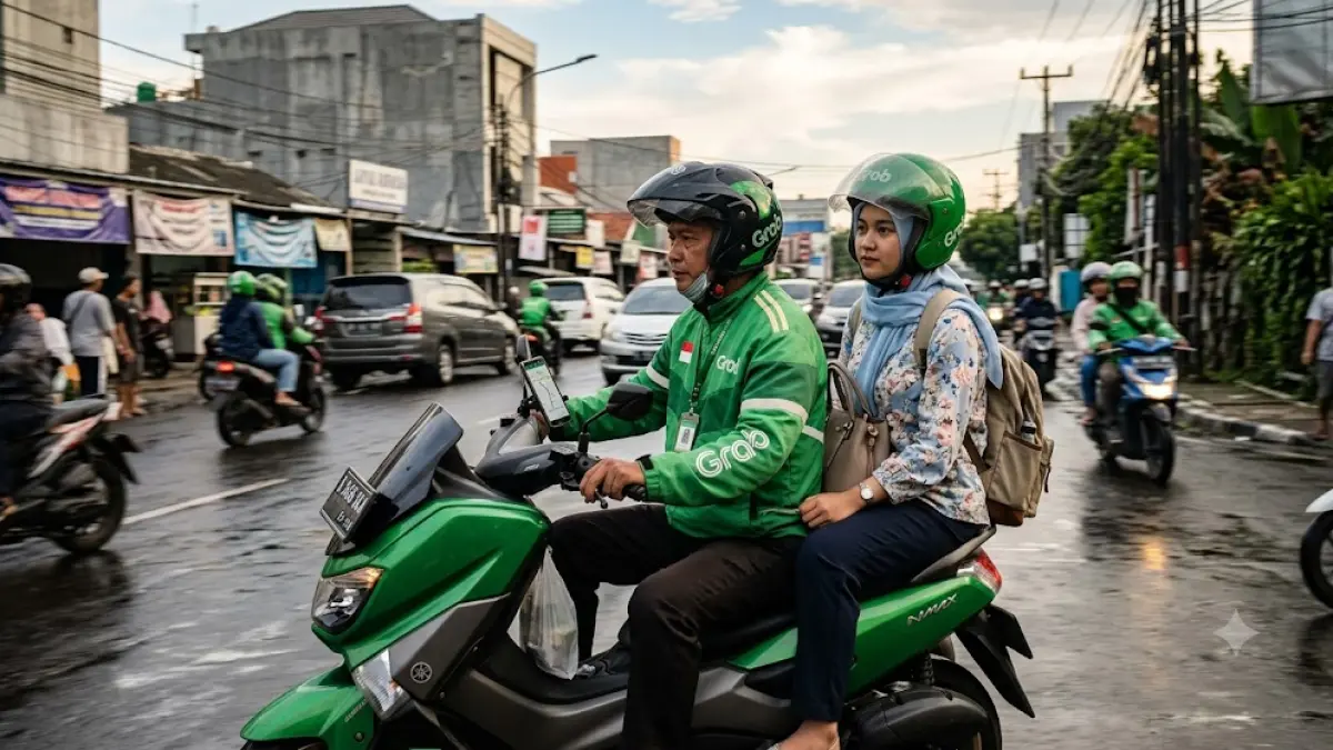 Ilustrasi pengemudi Ojol sedang mengantarkan penumpangnya. (AI Generated)