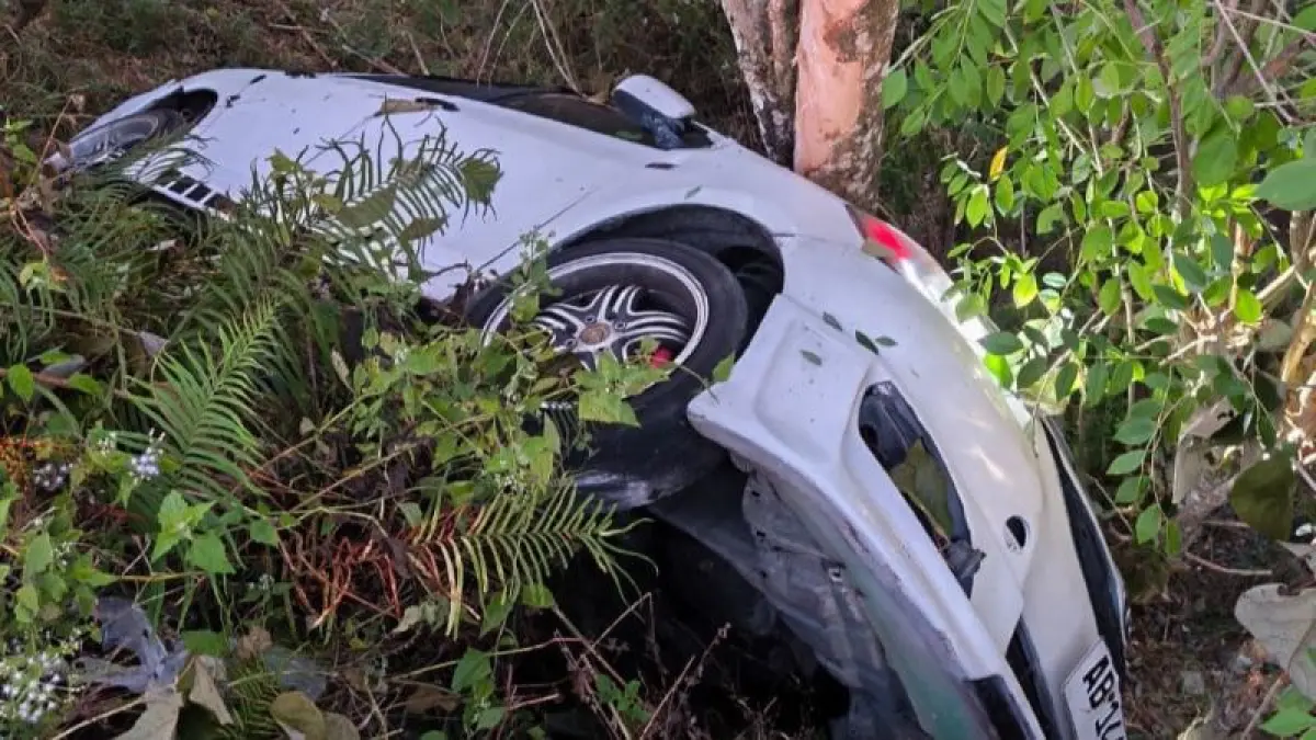 TERPEROSOK: Mobil yang dikendarai warga Bantul keluar dari badan jalan dan terbalik di kawasan JJLS Gunungkidul. (Dokumentasi Polsek Saptosari)
