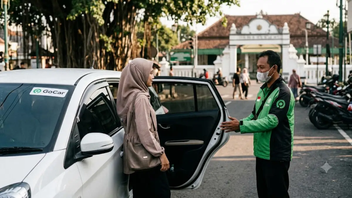 Ilustrasi sorang driver mempersilahkan penumpangnya masuk ke dalam mobil, setelah memesan GoCar. (AI Generation)
