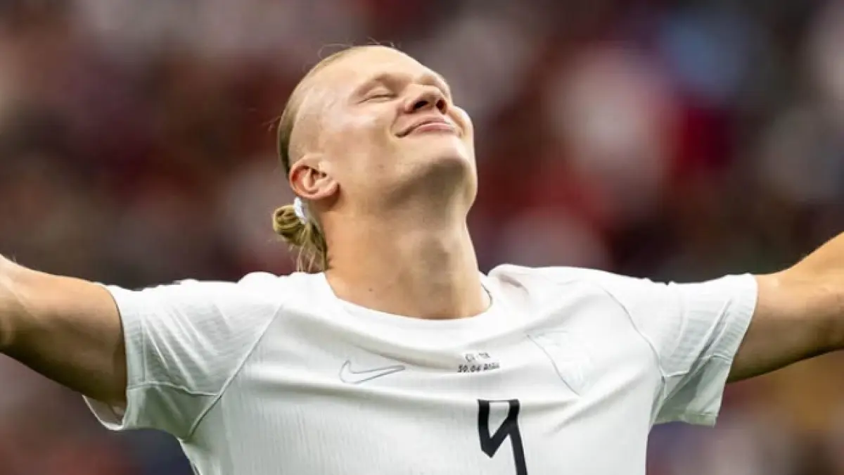 Selebrasi Erling Haaland setelah mencetak gol kemenangan Norwegia atas Pantai Gading di babak 32 besar Piala Dunia 2026.