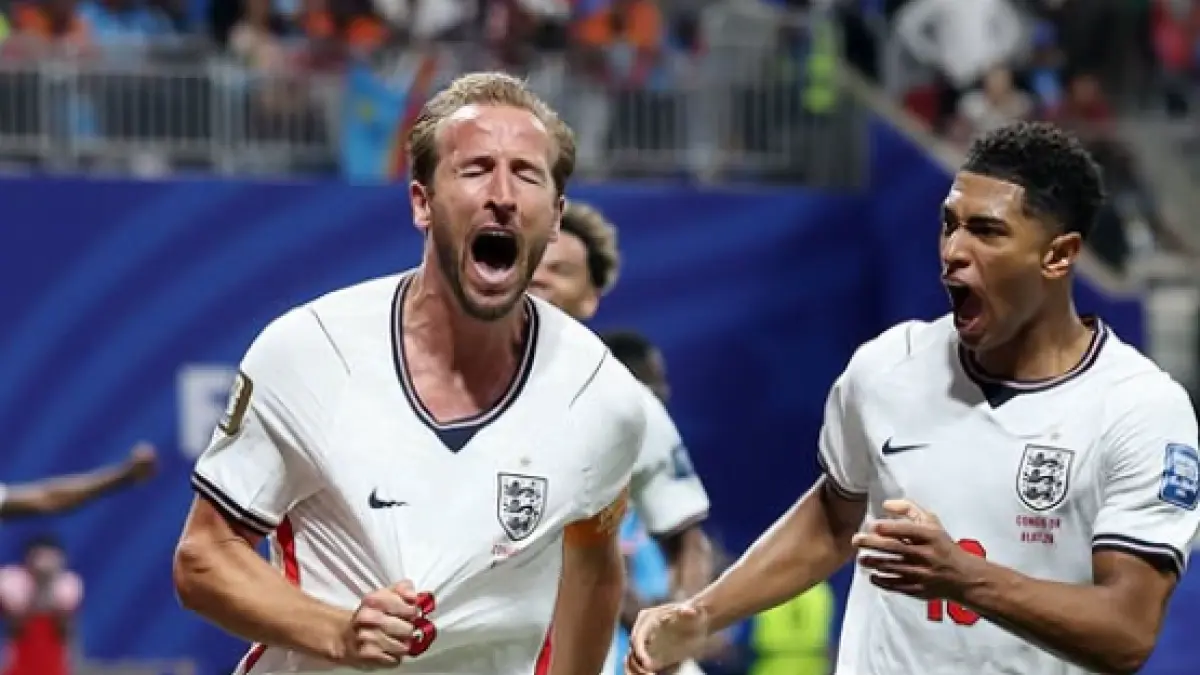Selebrasi Harry Kane setelah mencetak gol untuk membalikkan keadaan bagi Inggris dan mengamankan tiket babak 16 besar Piala Dunia 2026.