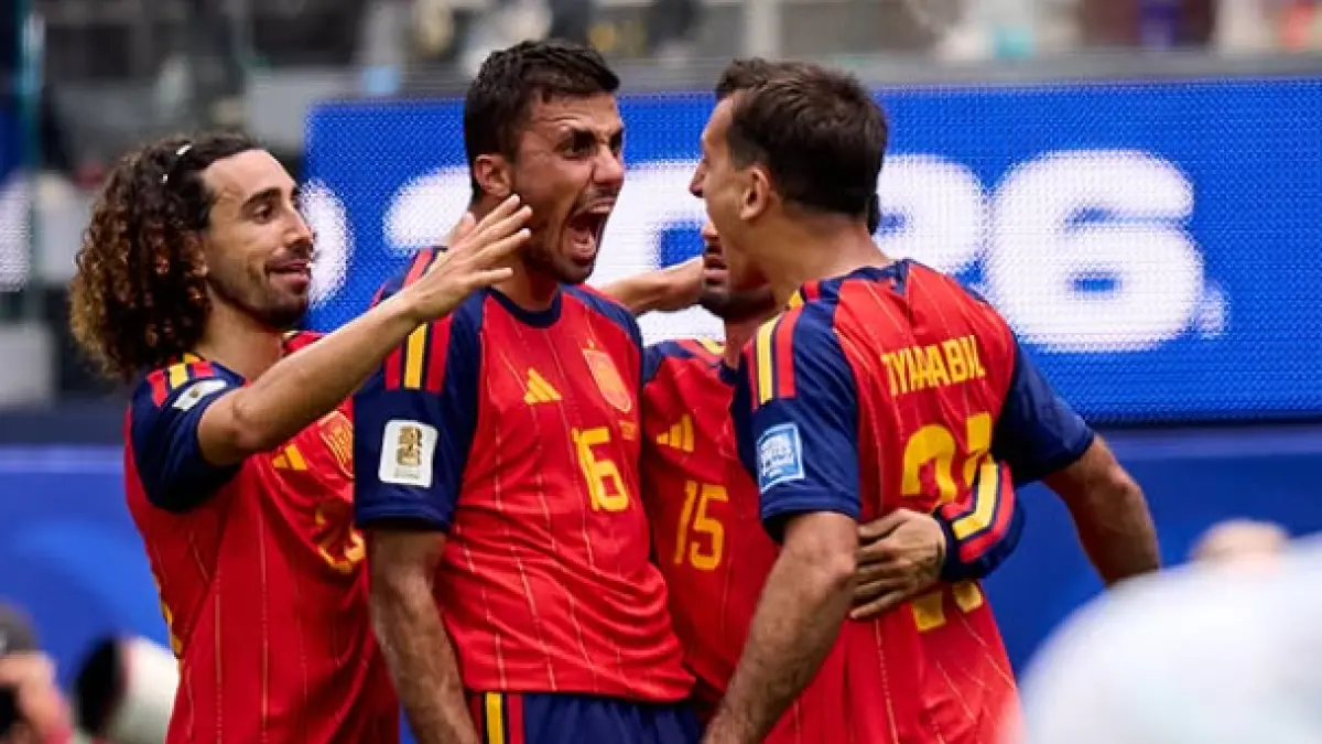 Selebrasi para pemain Spanyol, merayakan gol Mikel Oyarzabal dalam kemenangan atas Austria di babak 32 besar Piala Dunia 2026 pada Jumat (3/7/2026).