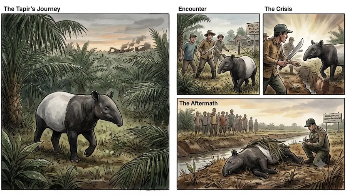  Deskripsi : ilustrasi kemunculan tapir liar di Mesuji yang berujung tragis dan menjadi sorotan publik. (AI Generated)
