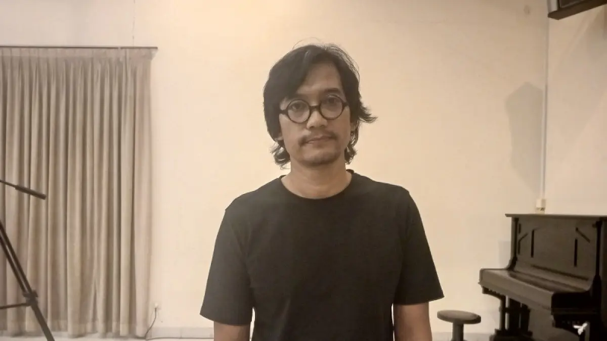 Direktur Utama PT Artjog Matra Nusantara (AMN) Heri Pemad saat ditemui wartawan seusai diskusi seni dan kekuasaan di Universitas Sanata Dharma pada Rabu&nbsp; (8/7) petang. (Yusuf Bastiar/Radar Jogja)