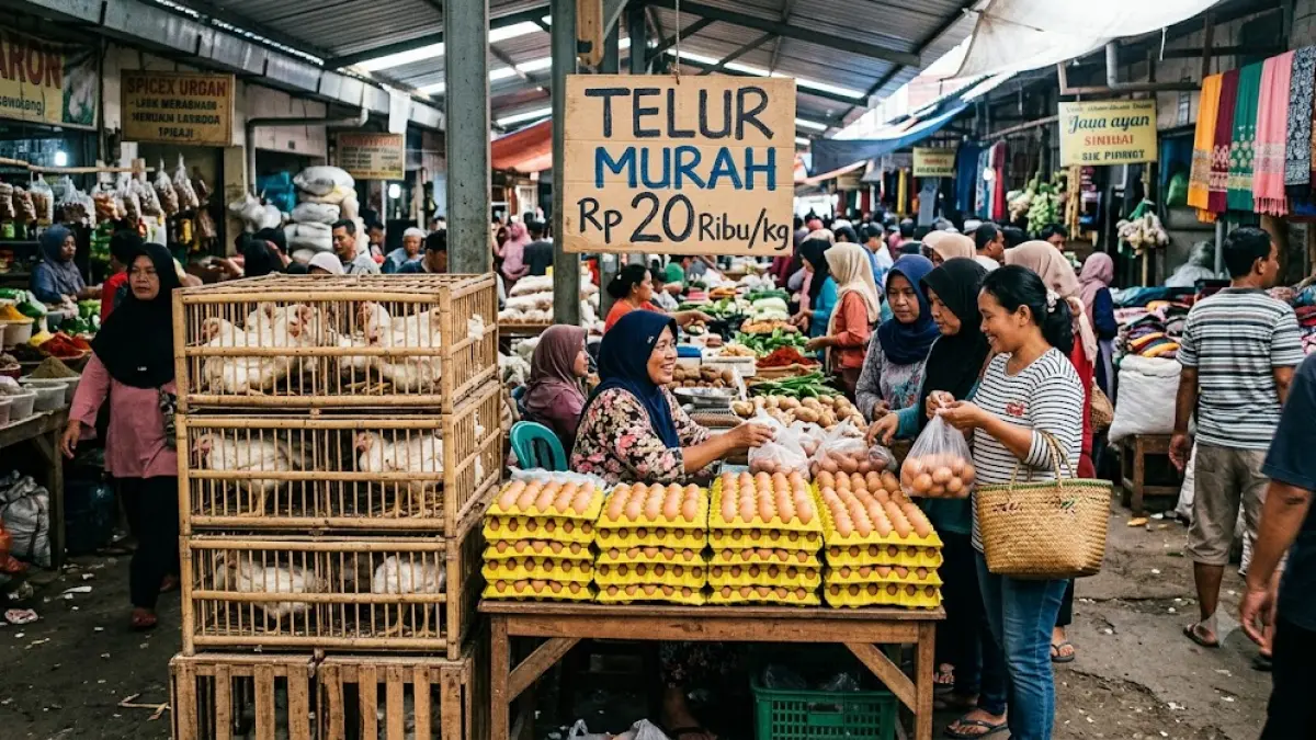 Ilustrasi suasana pasar tradisional. Sekelompok ibu-ibu memborong telur ayam murah. (AI Generated)