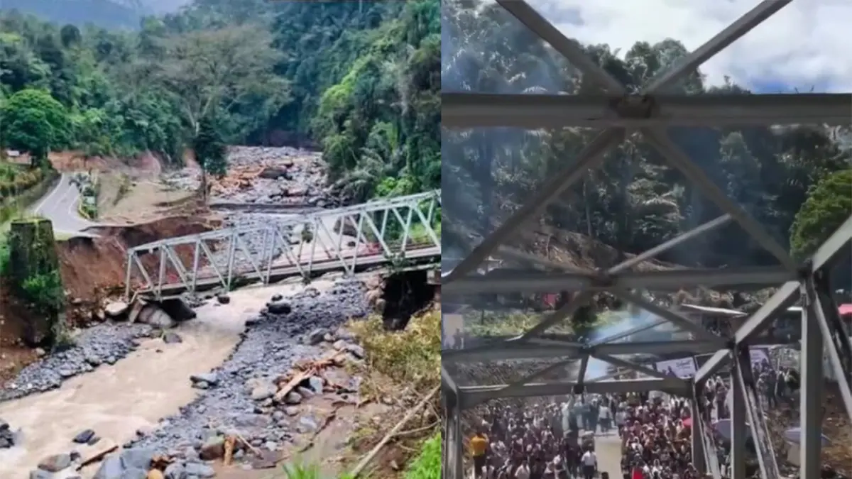 Jembatan Enang-Enang di Kabupaten Bener Meriah, Aceh sebelum diperbaiki karena diterpa banjir dan longsor pada November 2025 dan sesudah dibenahi secara mandiri warga dengan dana swadaya. (Kolase TikTok Viral)