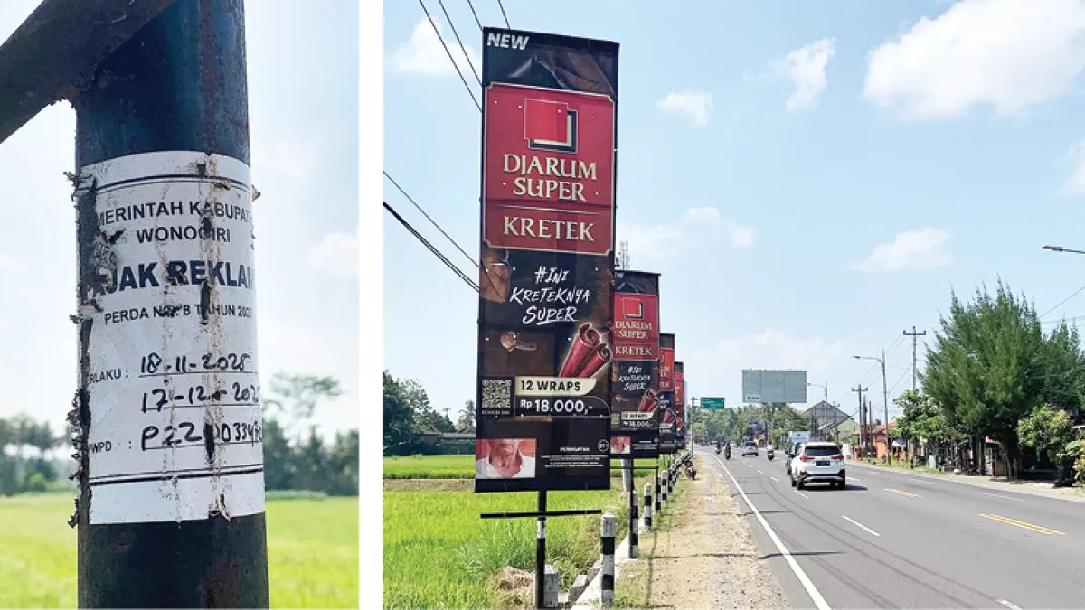 TERPASANG: Reklame sponsor rokok dengan tulisan telah membayar pajak Pemkab Wonogiri terpasang di Simpang Tugu Pensil, Kulon Progo. (Anom Bagaskoro/Radar Jogja)