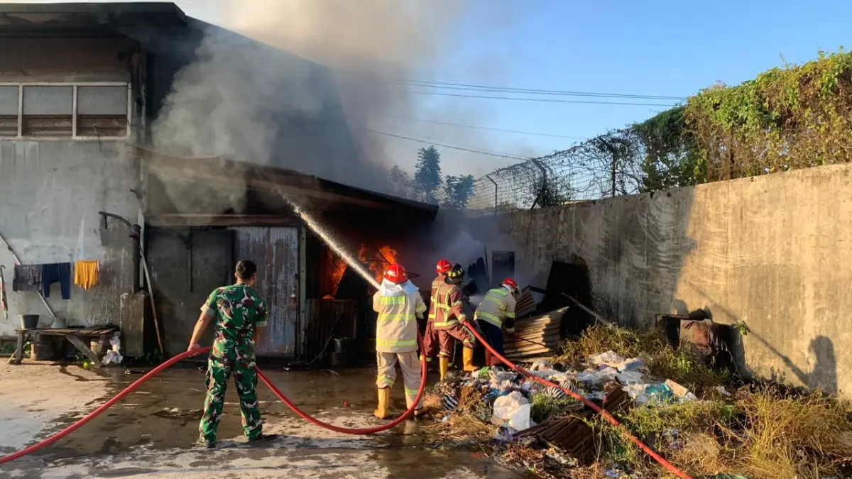 Tim damkar berupaya memadamkan api yang melalap gudang cengkih di wilayah Kecamatan Tempuran, Rabu sore (8/7).