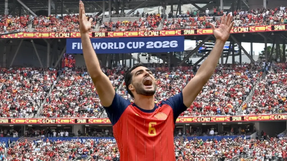 Selebrasi Mikel Merino setelah mencetak gol kemenangan Spanyol atas Belgia.