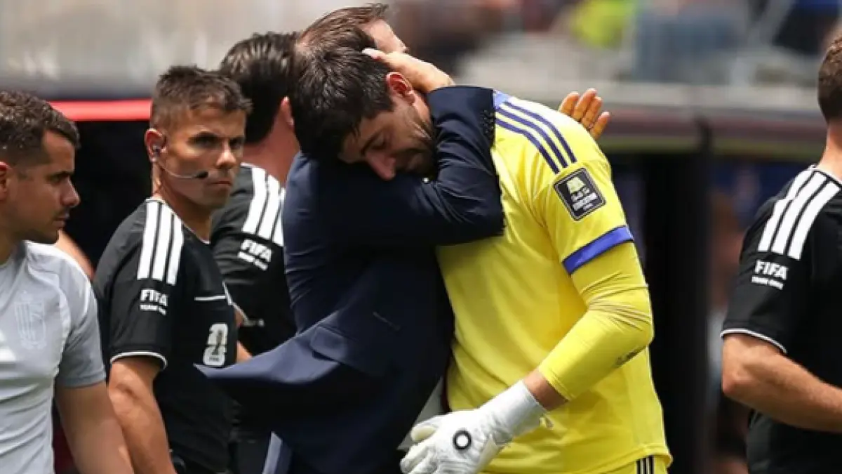 Thibaut Courtois sedih harus tinggalkan lapangan lebih awal dalam kekalahan Belgia dari Spanyol di Piala Dunia 2026.