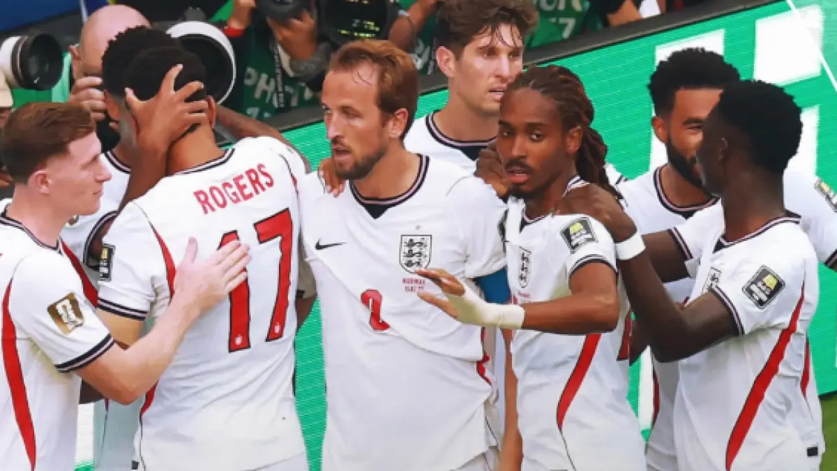 Selebrasi para pemain Inggris rayakan gol Jude Bellingham atas Norwegia.