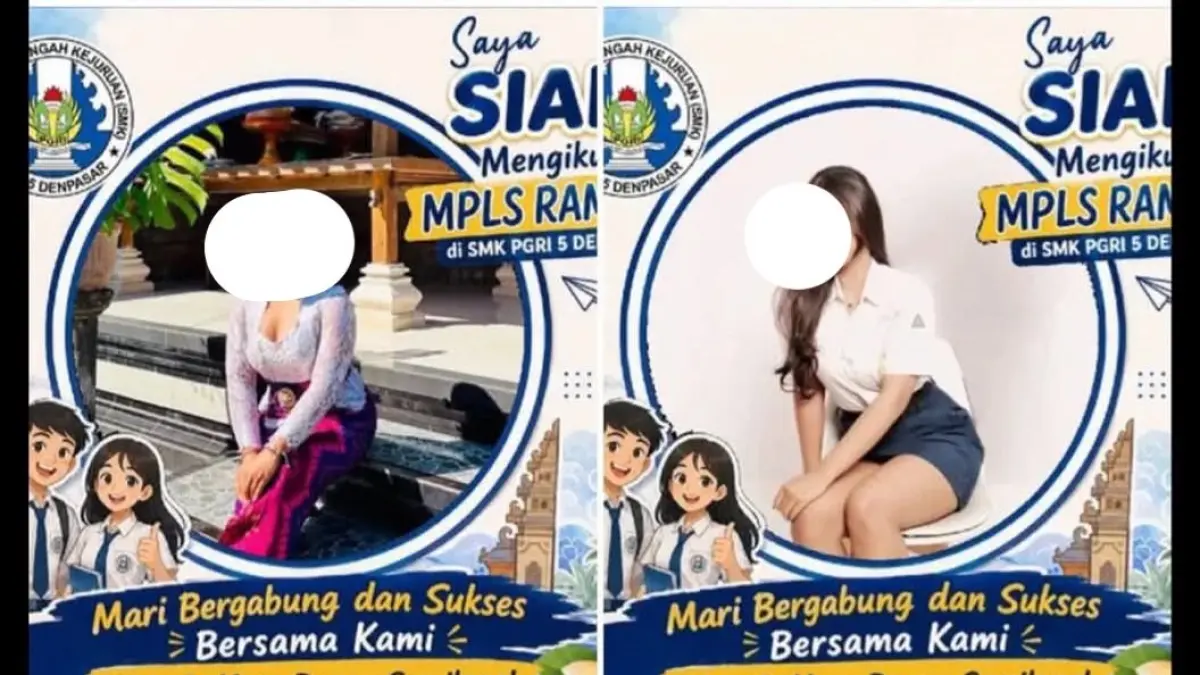 Sejumlah siswi berpakaian yang kurang sesuai dengan ketentuan Twibbon MPLS SMK PGRI 5 DENPASAR (Threads/@awreceh.id)