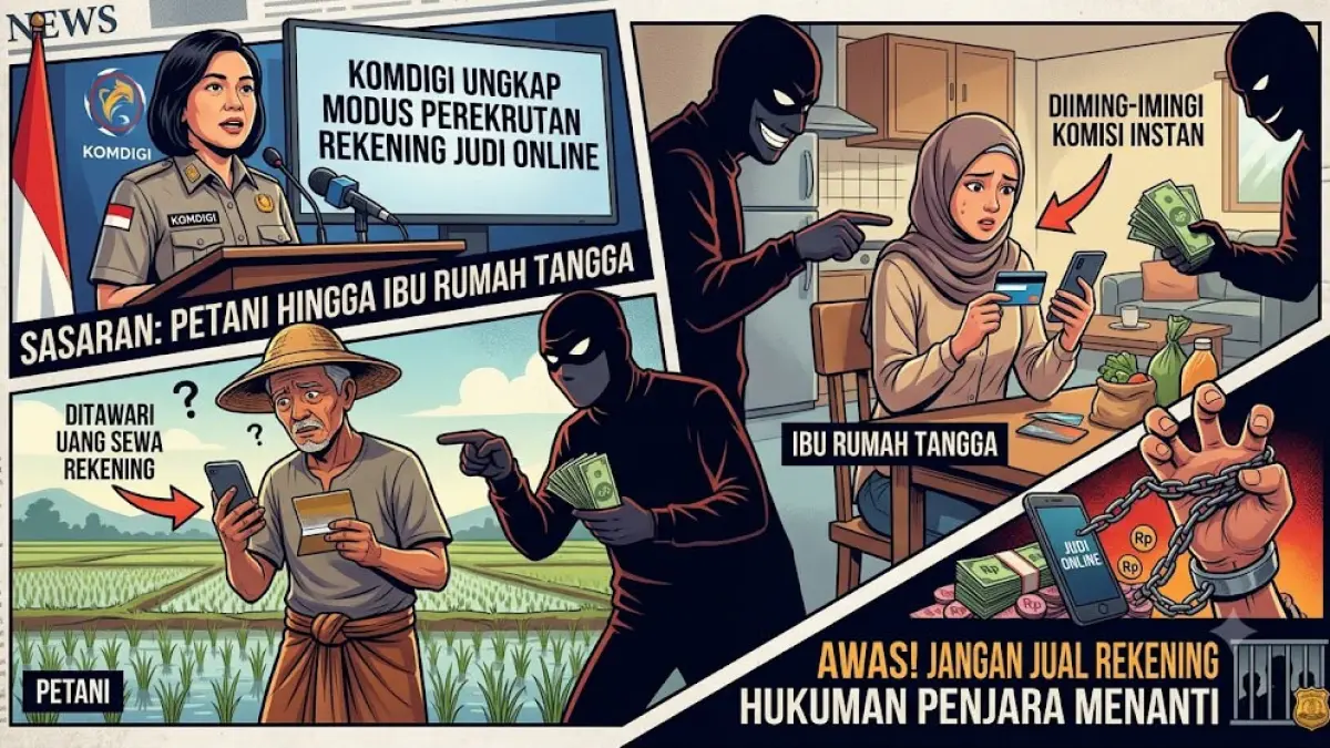 Sumber : AI
Deskripsi : Ilustrasi modus perekrutan rekening untuk aktivitas judi online yang menyasar berbagai kalangan masyarakat, mulai dari petani hingga ibu rumah tangga, dengan iming-iming komisi instan namun berisiko pidana.