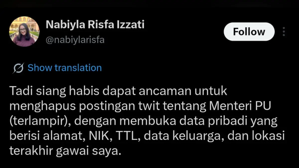 Postingan dosen FH UGM Nabiyla yang menunjukkan doxing kepadanya 