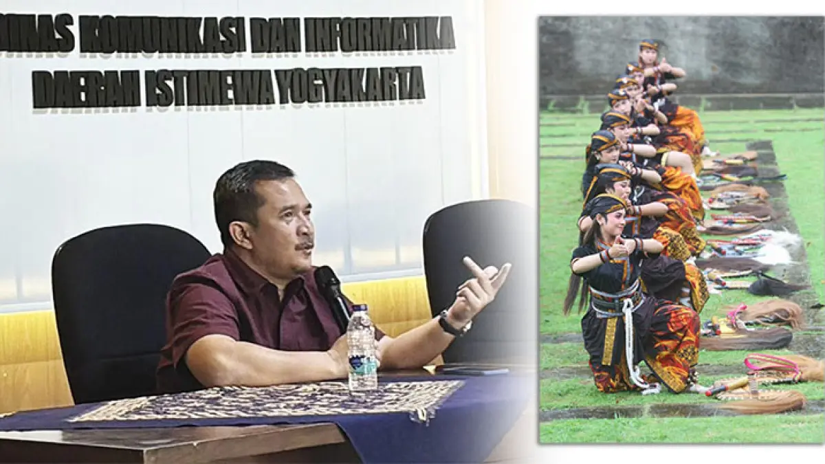 Ketua Komisi A DPRD DIY Eko Suwanto. Foto kanan: Kelompok Jatilan Warok Putri Sambirejo, Prambanan, Sleman saat tampil memeriahkan peringatan Hari Desa Nasional. Muatan tradisional dipandu dengan kekinian digandrungi nitizen. Tak bisa dibantah produk kebudayaan laku di kalangan anak muda. (Foto: Kusno S. Utomo, Guntur Aga Tirtana/Radar Jogja)