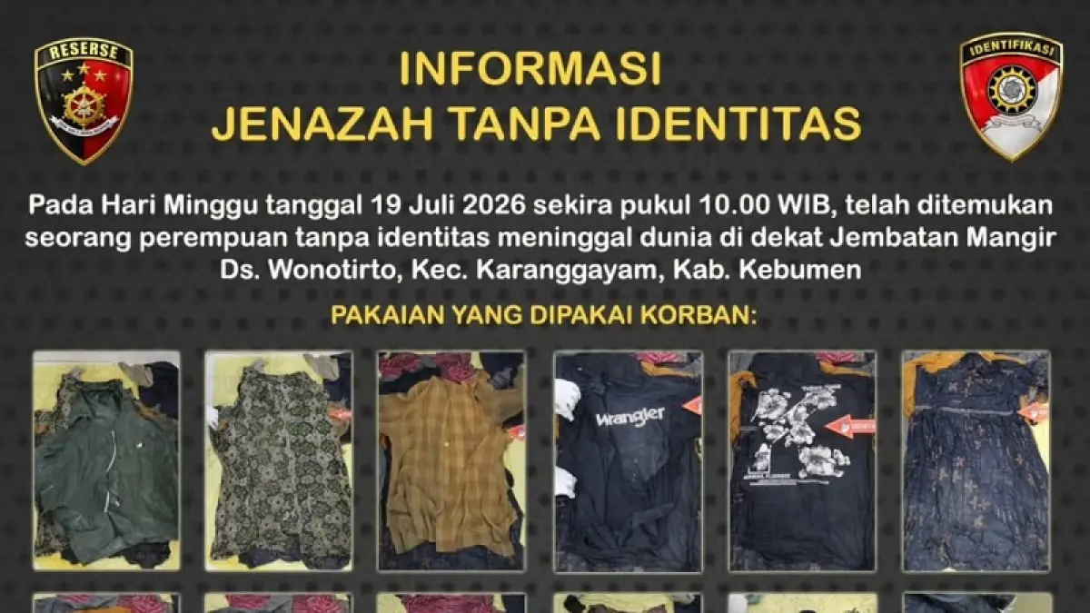 Foto: Polres Kebumen mengumumkan ciri-ciri mayat perempuan tanpa identitas yang ditemukan di dekat Jembatan Mangir. (Dokumentasi Inafis Polres Kebumen)