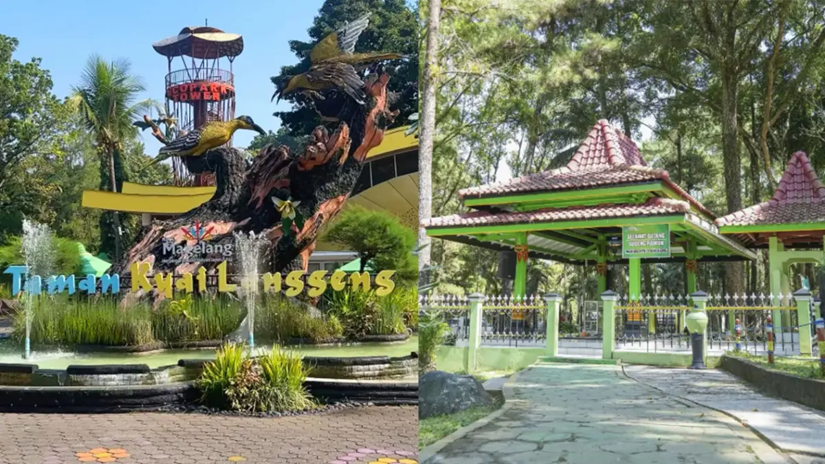 DARI KIRI: Taman Kyai Langgeng, obyek wisata di Magelang, Jawa Tengah dan Makam Kyai Langgeng. (Kolase IG/Humas Kota Magelang)