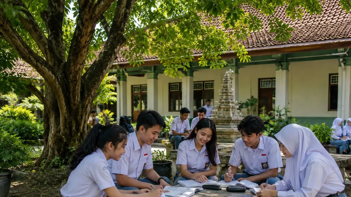 Ilustrasi siswa SMA belajar di luar kelas (AI ChatGPT)
