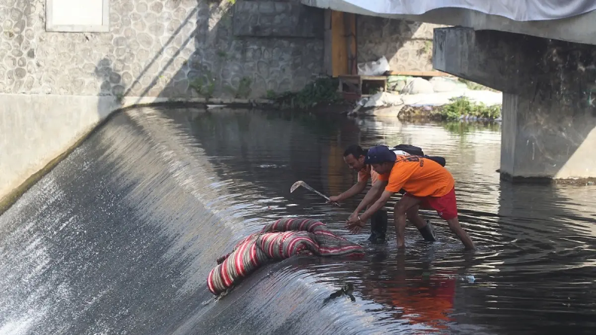 Petugas membersihkan sampah saat peringatan Hari Sungai Nasional di Sungai Code, Kota Jogja, Senin (27/7/2026). Sungai di kawasan perkotaan masih menghadapi persoalan sampah, sehingga kebersihan sungai menjadi tanggung jawab bersama serta mencerminkan budaya masyarakat dalam menjaga lingkungan. Foto: Guntur Aga Tirtana/Radar Jogja 