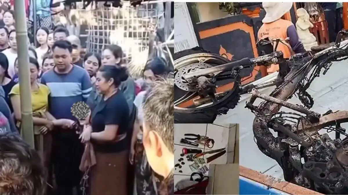 Seorang anak di Tabanan, Bali, menangisi sang ayah yang tewas diamuk massa. Kendaraan pelaku pasca dibakar warga, Sabtu (25/7/2026). (Kolase/ISTIMEWA)