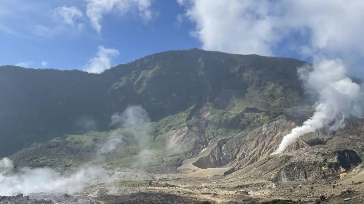 Pemandangan kawasan kawah Gunung Papandayan di Kabupaten Garut, Jawa Barat, yang memperlihatkan aktivitas fumarola atau semburan uap panas dari celah kawah. (Pinterest/Samu)