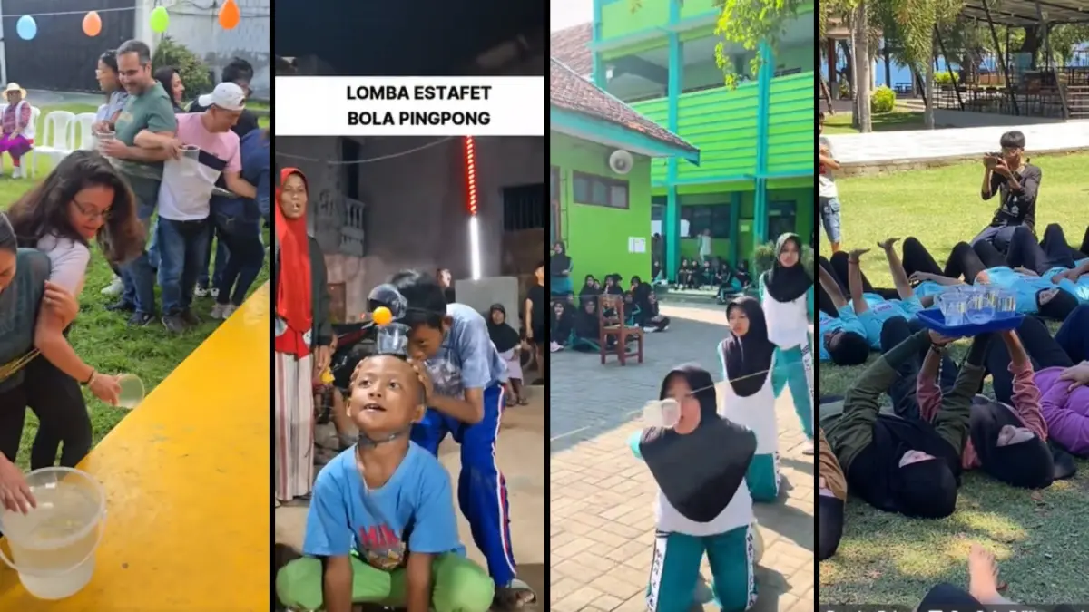 Dari kiri: lomba air terikat, estafet pingpong kepala, tiup cup, cup air melayang. (Kolase berbagai sumber)