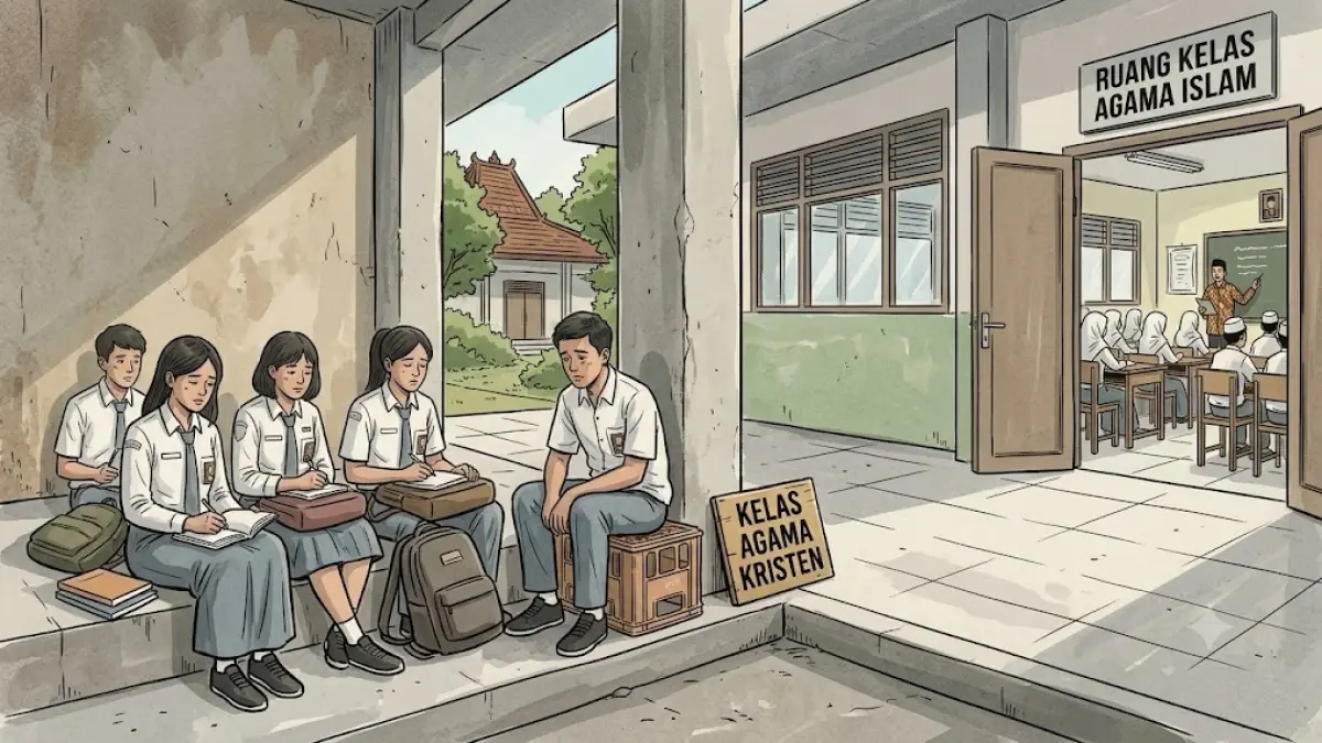 Ilustrasi diskriminasi ruang belajar agama di sekolah. (AI Generated)