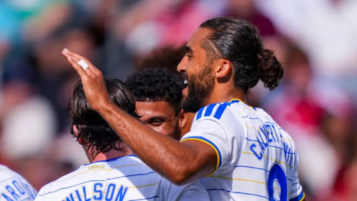 Selebrasi para pemain Leeds United setelah Dominic Calvert-Lewin mencetak gol dalam kemenangan atas Liverpool di pramusim.