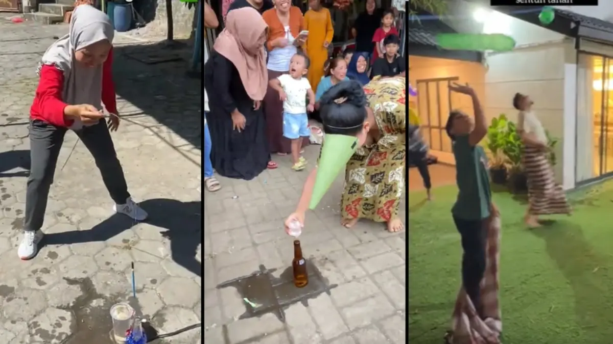 Dari kiri: lomba pancing pensil, corong muka air, sarung balon. (Kolase berbagai sumber)