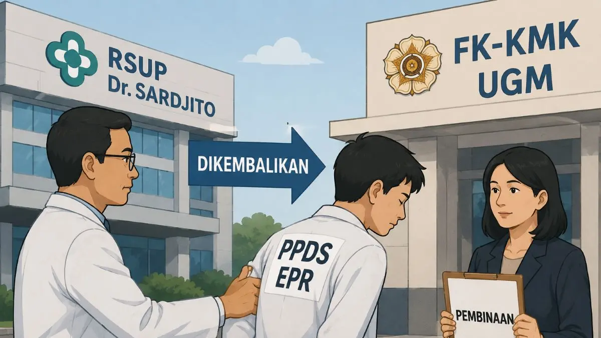 Ilustrasi peserta Program Pendidikan Dokter Spesialis (PPDS)dikembalikan ke Fakultas Kedokteran, Kesehatan Masyarakat, dan Keperawatan (FK-KMK) Universitas Gadjah Mada (UGM) untuk menjalani pembinaan. (ChatGPT-AI)