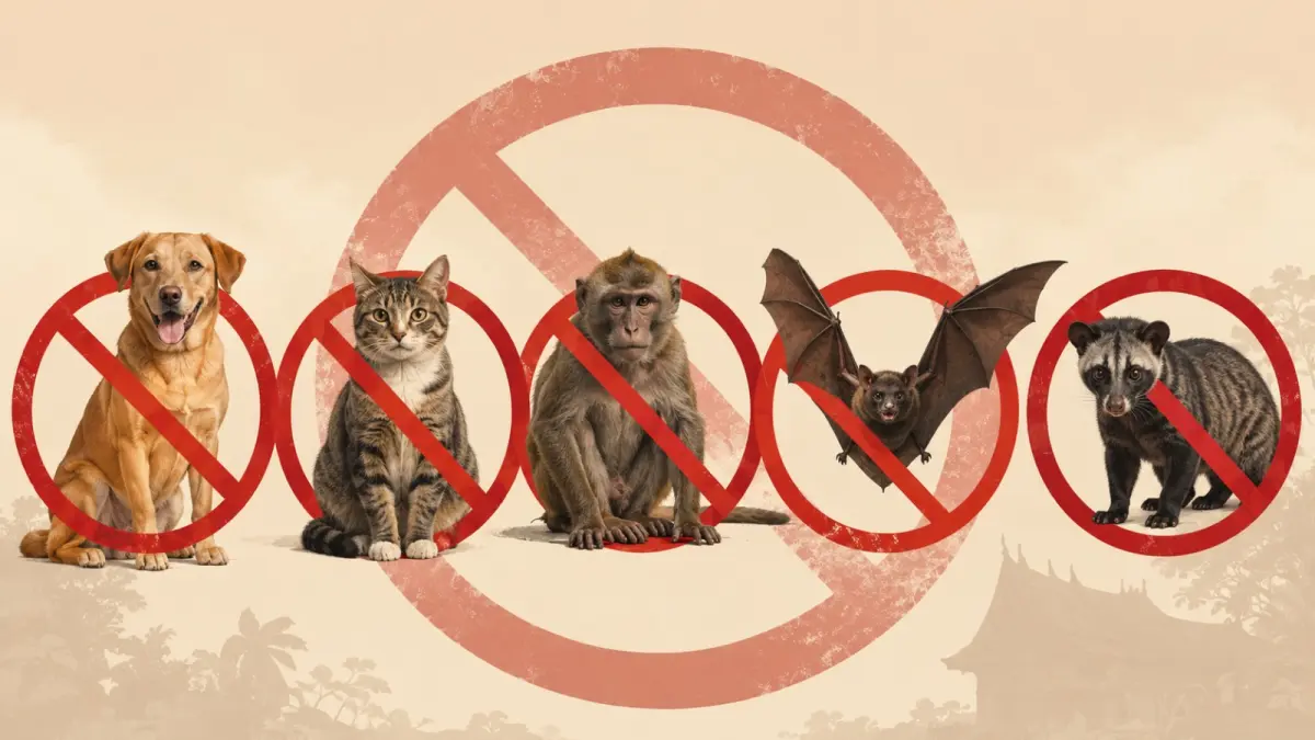 Ilustrasi Hewan Penular Rabies (HPR) yang dilarang: anjing, kucing, kera, kelelawar, musang. (AI Generated)
