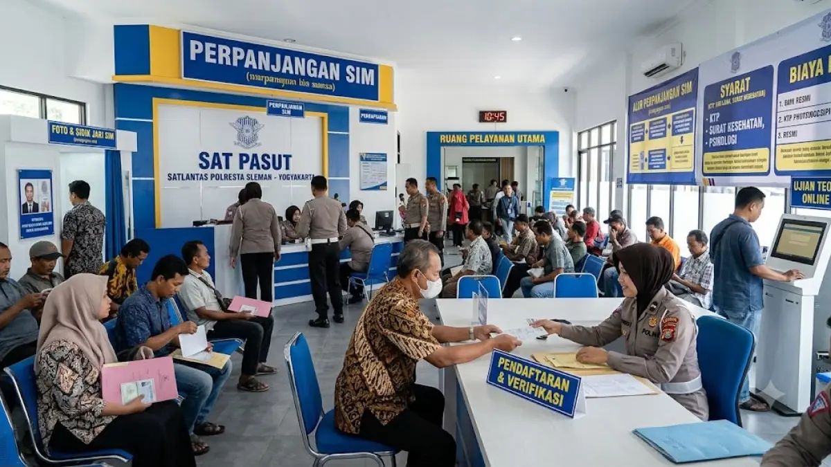 Sumber : AI
Deskripsi : Masyarakat Sleman kini semakin mudah melakukan perpanjangan SIM A dan SIM C selama Agustus 2026 berkat hadirnya berbagai pilihan titik pelayanan, mulai dari Satpas Polresta Sleman, SIM Corner MPP, Bus SIM Keliling di SCH, hingga program SIM Masuk Desa (SIMMADE).