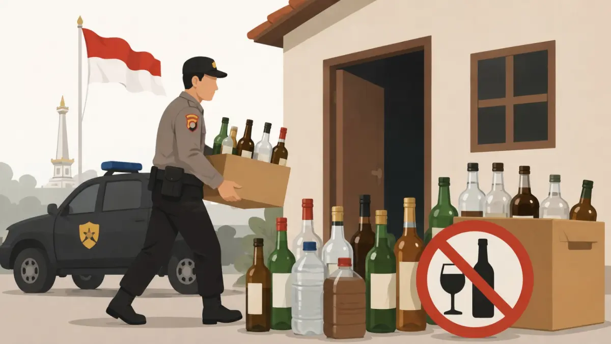 Ilustrasi penyitaan minuman keras (miras) ilegal oleh aparat kepolisian di kawasan permukiman. (AI/Generated)