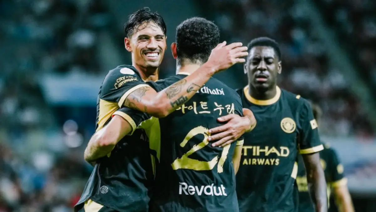 Selebrasi para pemain Manchester City dalam kemenangan atas Atletico Madrid di pramusim.