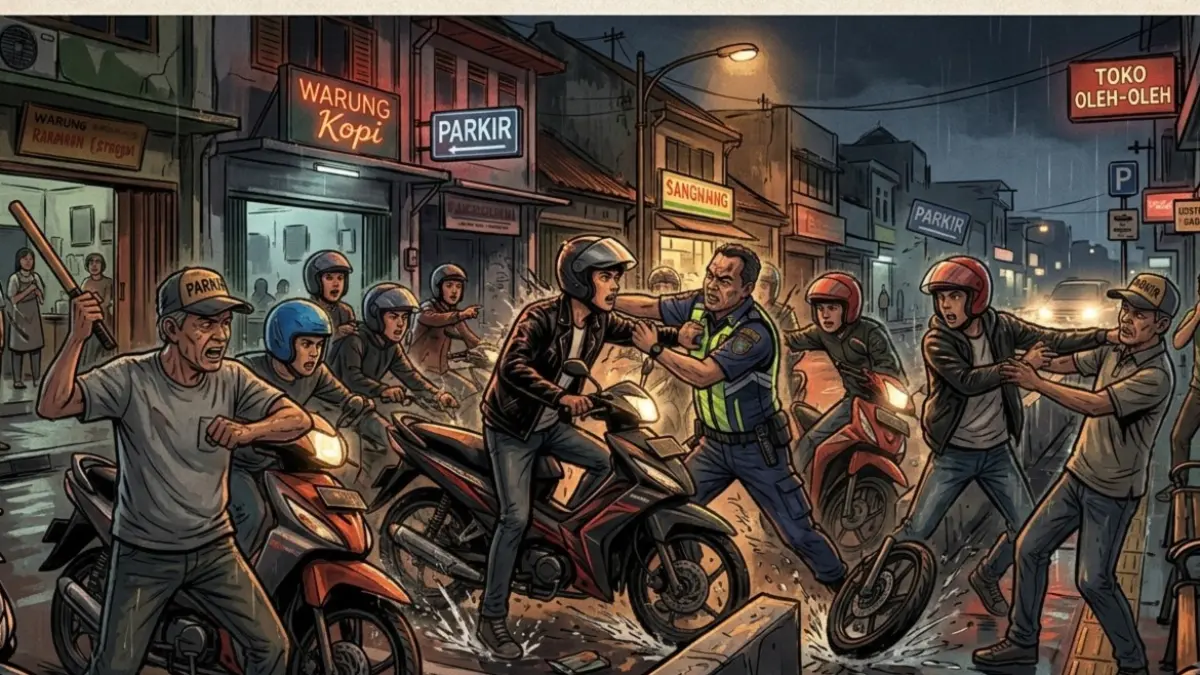 Ilustrasi bentrok geng motor dan juru parkir. (AI Generated)