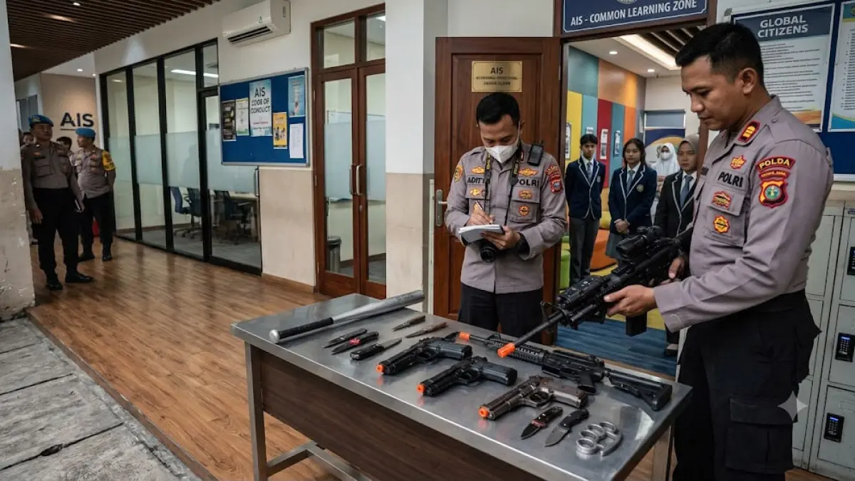 Ilustrasi Polisi menyita sejumlah barang bukti berupa senjata tajam di sebuah sekolah swasta kawasan Jakarta Selatan. (AI Generated)