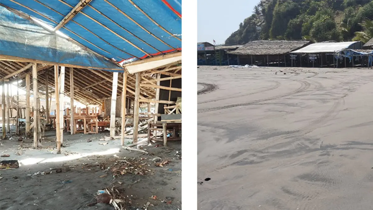 MELUAS: Beberapa warung di Pantai Parangtritis sebelah timur juga terdampak gelombang tinggi. (Elang Kharisma Dewangga/Radar Jogja)