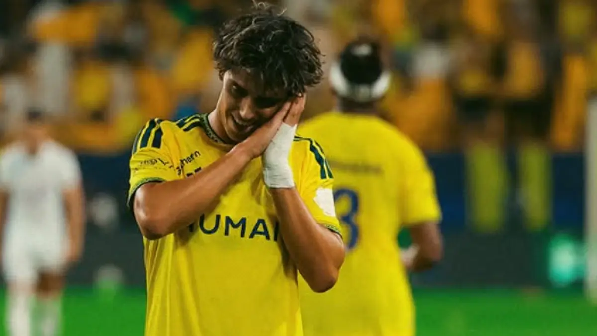 Selebrasi Joao Felix dalam kemenangan Al Nassr atas Al Fateh di Saudi Pro League, Minggu (16/8) dini hari.