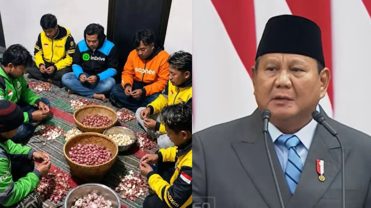 DARI KIRI: Sekelompok driver ojol memparodikan kupas bawang. Presiden Prabowo Subianto saat pidato dalam Sidang Tahunan MPR RI dan Sidang Bersama DPR-DPD RI di Kompleks Parlemen, Senayan, Jakarta, pada Jumat, (14/8/2026).