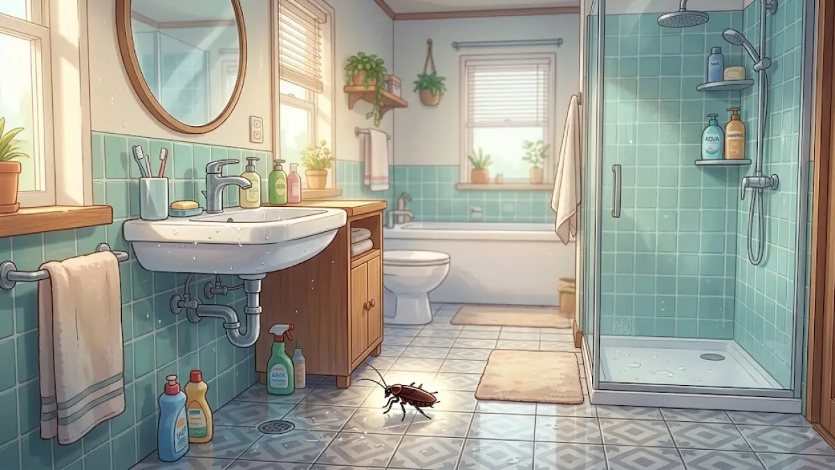 Ilustrasi kecoa di kamar mandi. (AI)
