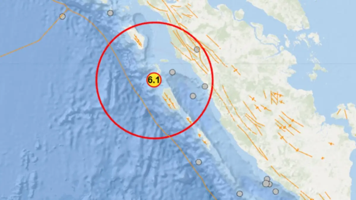 Pusat gempa di Nias Selatan, Sumut, Selasa, (18/8/2026). (tangkapan layar)