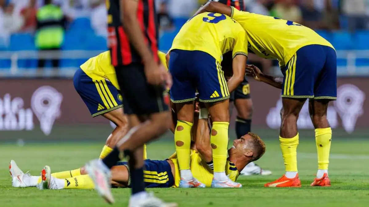 Selebrasi para pemain Al Nassr merayakan gol Cristiano Ronaldo.